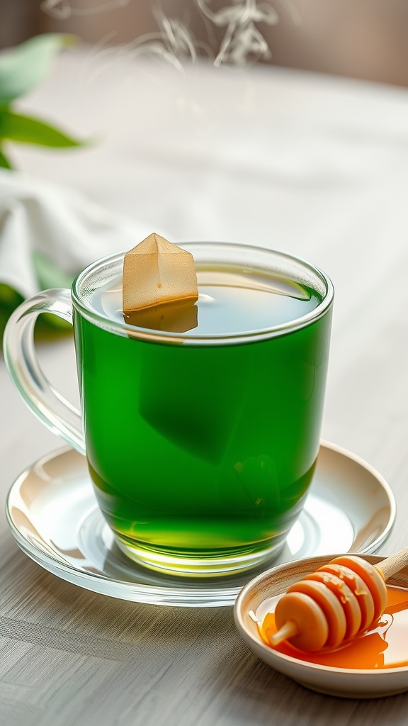 A cup of green tea with a tea bag and honey on a plate.
