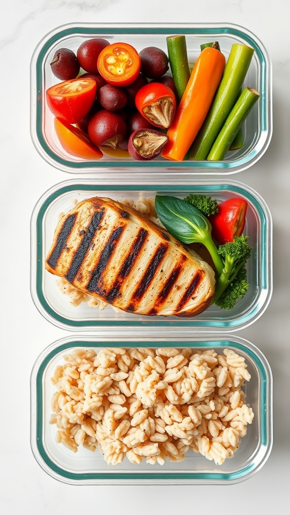 A meal prep container with grilled chicken, assorted vegetables, and rice.