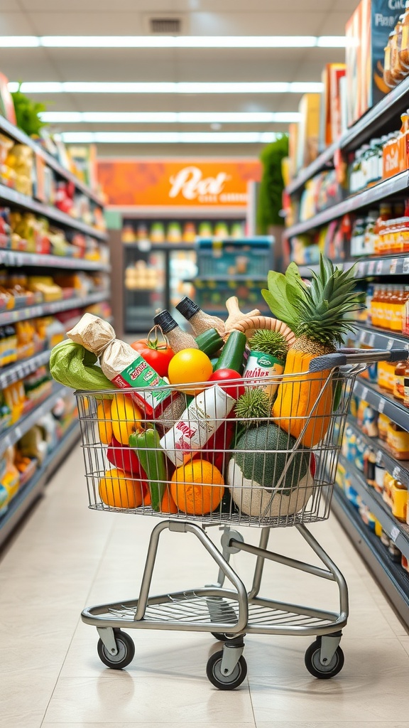 A shopping cart filled with colorful fruits, vegetables, and groceries in a supermarket aisle.