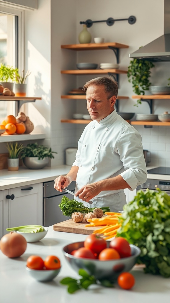 A chef preparing fresh vegetables in a bright kitchen.