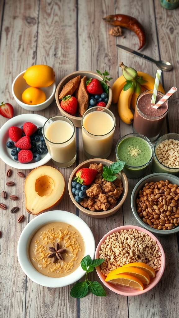 A variety of healthy breakfast foods including fruits, smoothies, and granola.