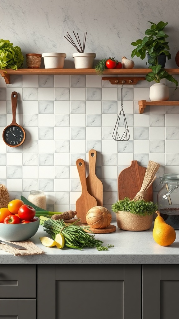 A bright kitchen countertop filled with fresh vegetables and herbs, showcasing healthy cooking ingredients.