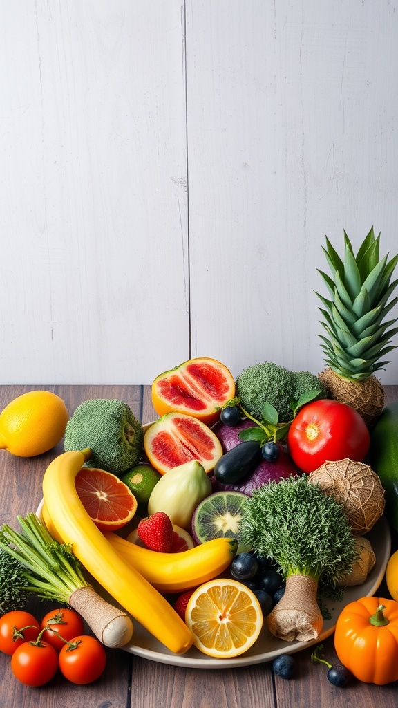 A colorful assortment of fresh fruits and vegetables on a wooden table.