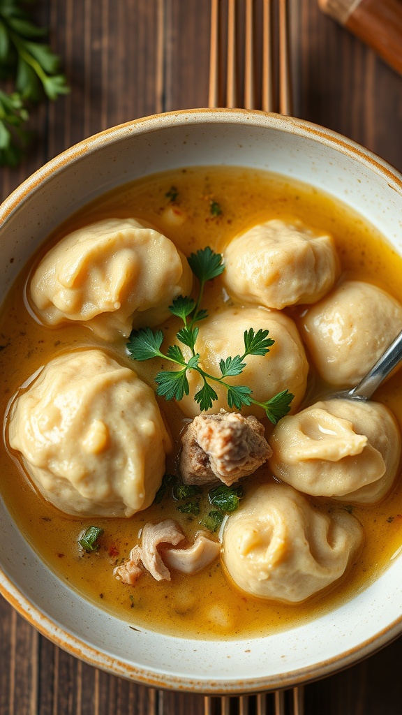 A bowl of hearty chicken and dumplings in rich broth garnished with parsley.
