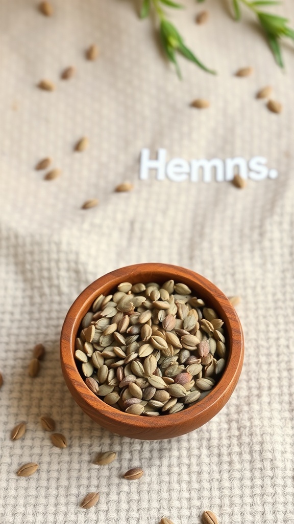 A bowl of hemp seeds on a textured fabric background.