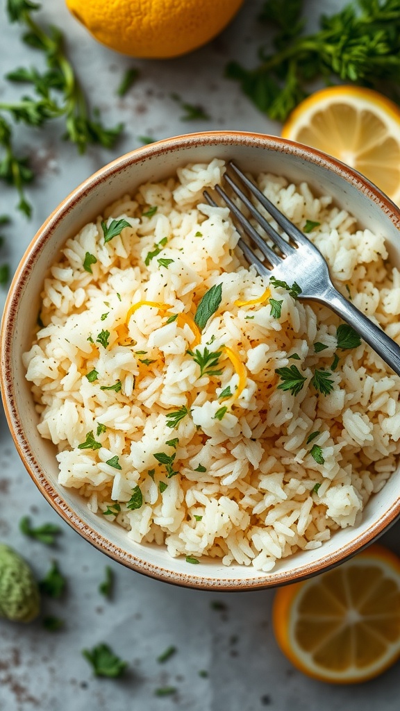 A bowl of herbed rice garnished with parsley and lemon zest, with lemon slices and herbs in the background.