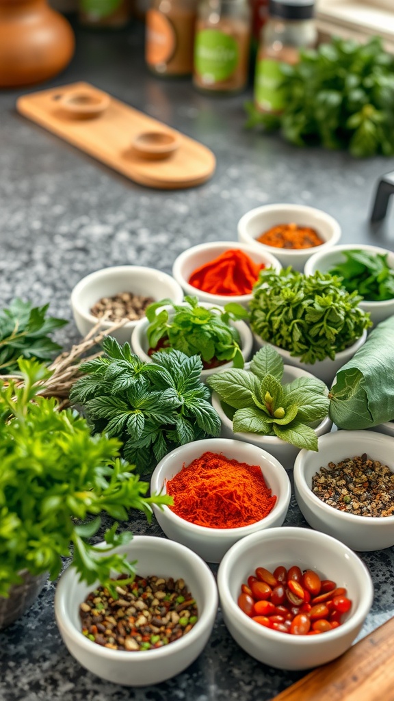 A variety of fresh herbs and spices arranged in bowls on a kitchen counter.