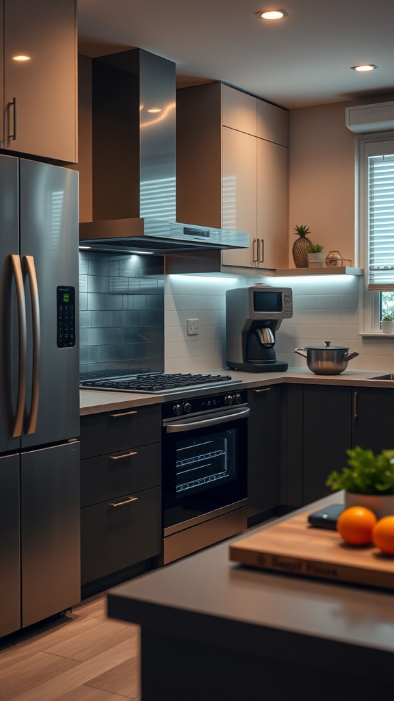 A modern kitchen featuring high-tech appliances including a sleek refrigerator, oven, and coffee maker.