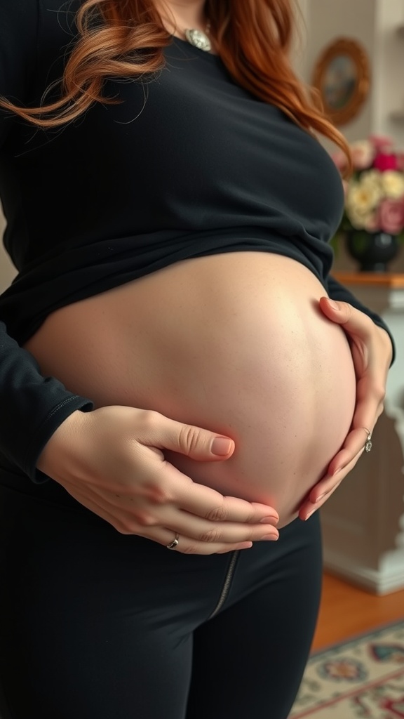 A close-up of a pregnant woman gently holding her baby bump in a cozy home setting.