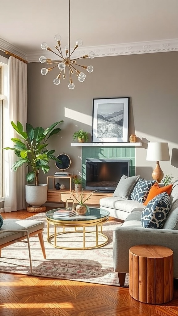 A stylish living room featuring modern decor elements, including a chic chandelier, a cozy sofa with cushions, and greenery.