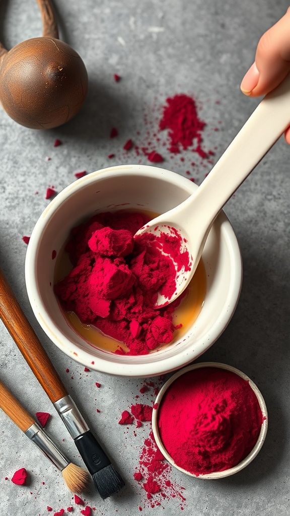 A bowl of beetroot powder with a spoon and makeup brushes