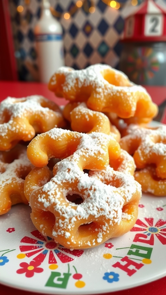 A plate of homemade funnel cakes dusted with powdered sugar.