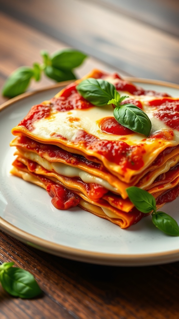 A plate of homemade lasagna topped with fresh basil leaves.