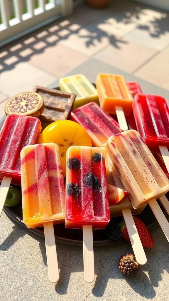 A colorful assortment of homemade popsicles with various fruits and flavors on a platter.