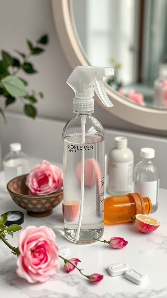 A homemade setting spray in a clear bottle with a spray top, surrounded by flowers and beauty products.