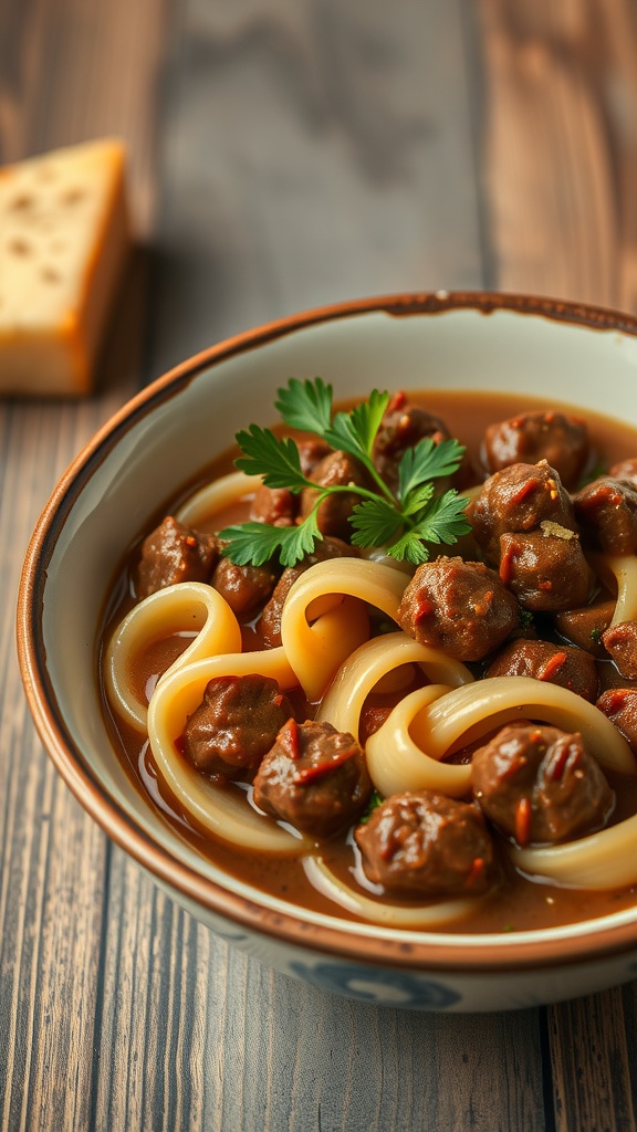 A bowl of beef and noodles with parsley on top, served on a wooden table.