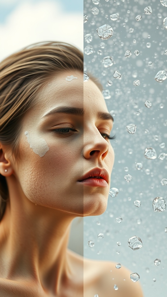 A woman with half her face showing dry skin and the other half showing water droplets, illustrating the effects of humidity on skin hydration.