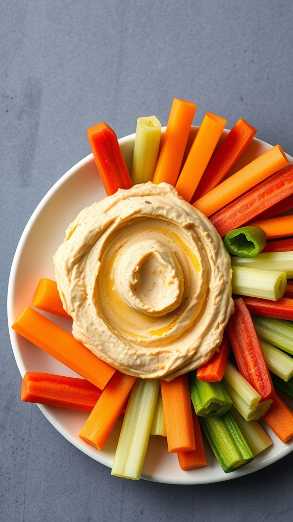 A plate of hummus surrounded by colorful veggie sticks including carrots, celery, and bell peppers.