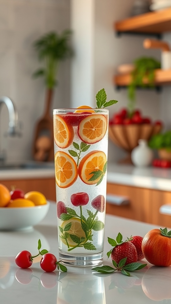 A refreshing glass of fruit and herb infused water on a kitchen counter.