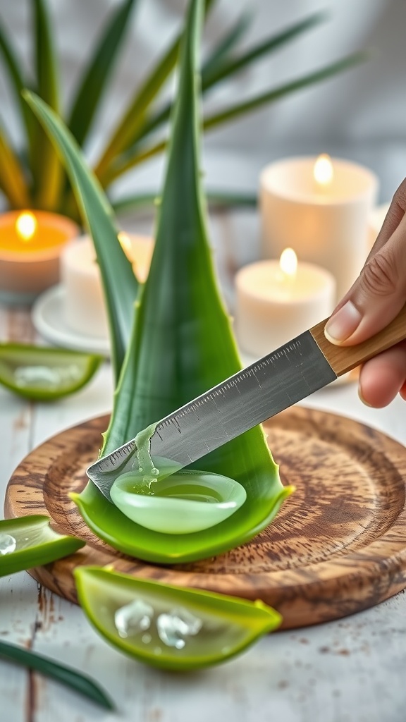 A hand slicing an aloe vera leaf to extract gel, surrounded by candles and aloe leaves.