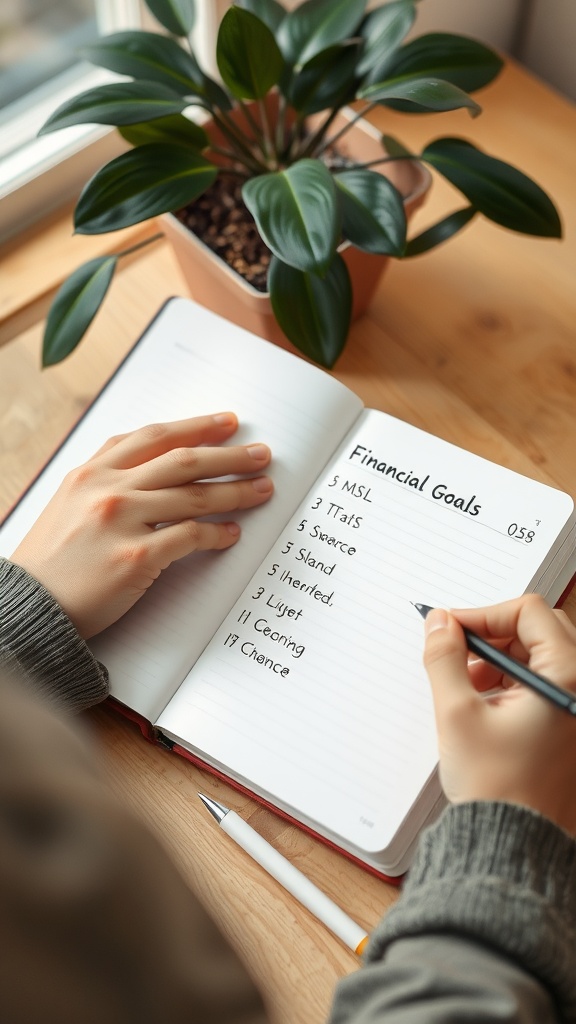 A person writing financial goals in a planner with a plant in the background.