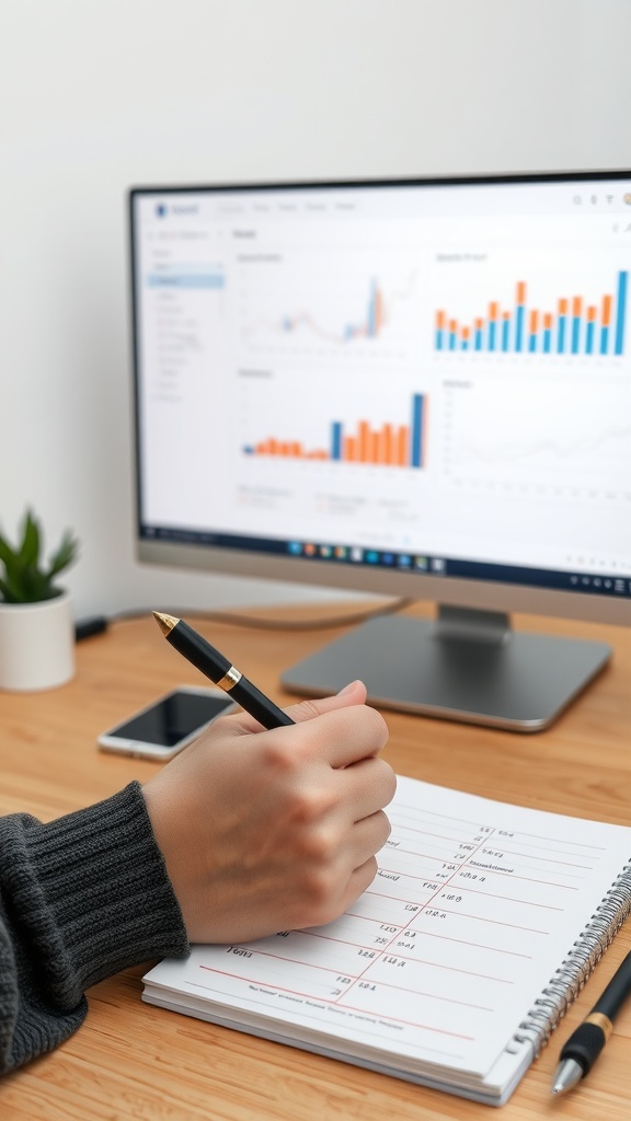 A hand writing notes in a planner with a computer displaying charts and graphs in the background.