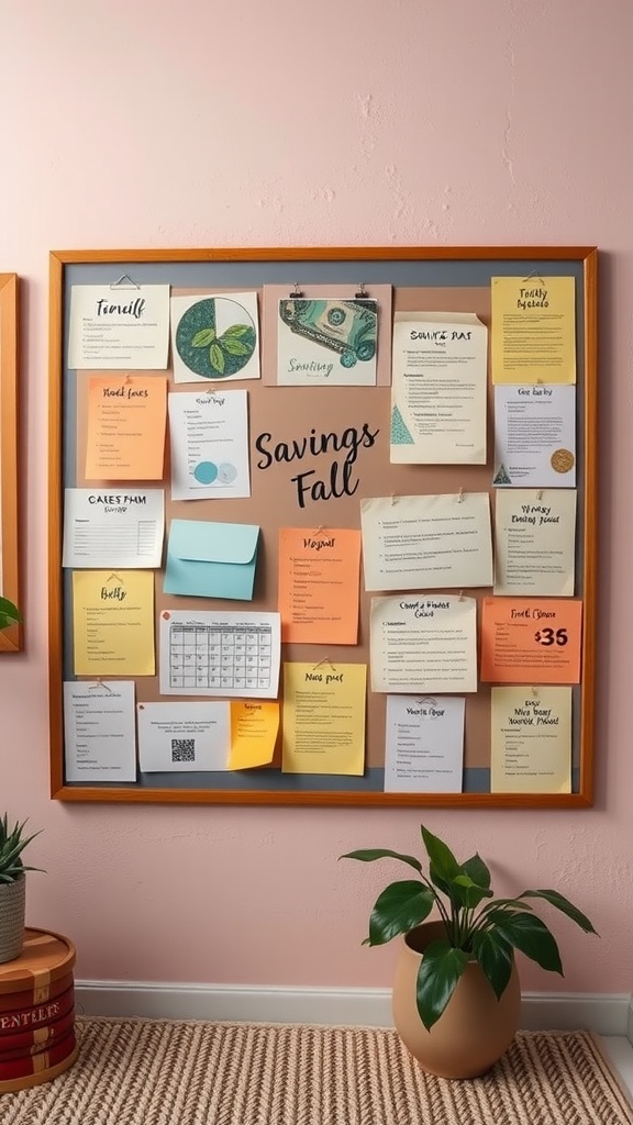 A bulletin board filled with colorful notes and reminders about saving money.