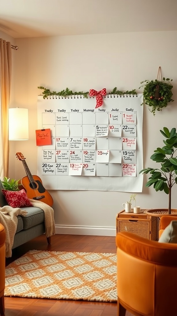 A cozy living room with a calendar on the wall, highlighting a no-spend challenge.