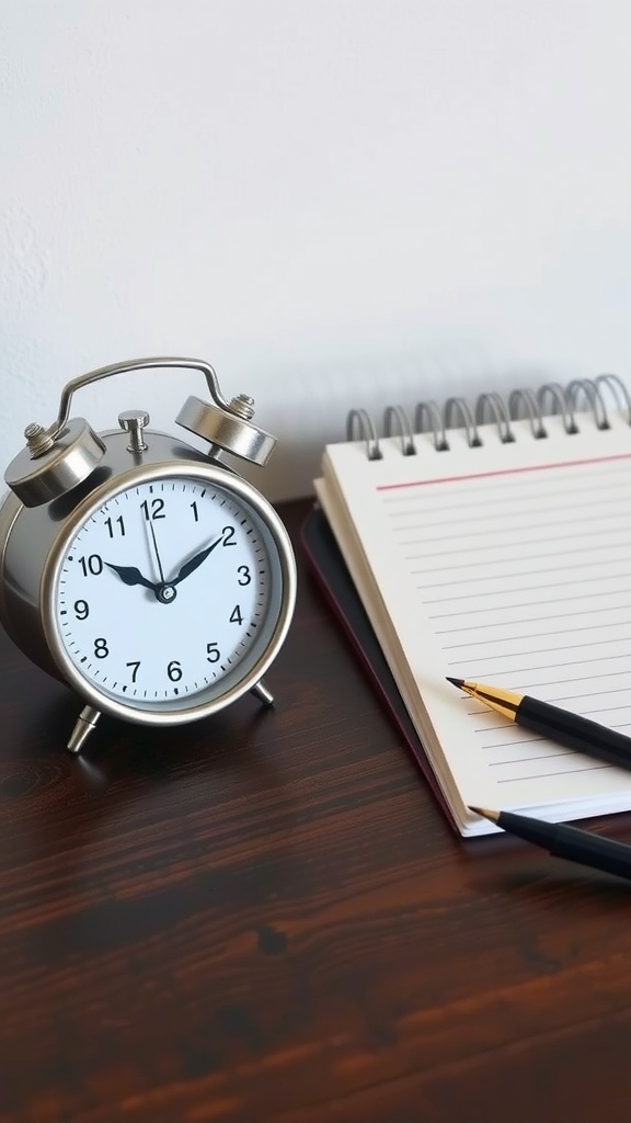 A silver alarm clock next to a blank notepad and two pens on a wooden table.