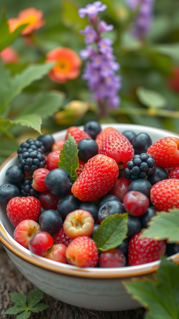 A bowl filled with various fresh berries, including strawberries, blueberries, and raspberries, surrounded by greenery and flowers.