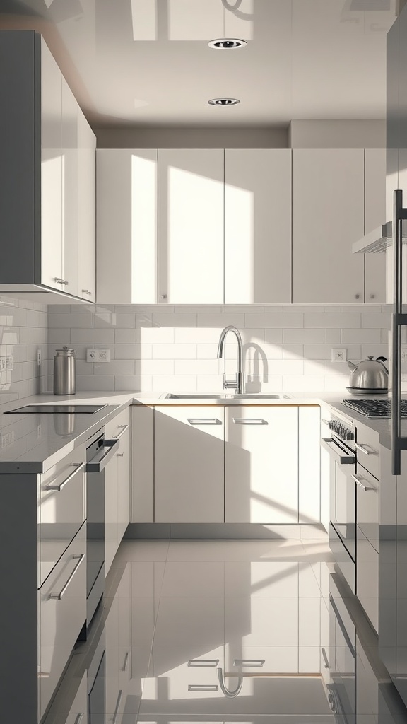 Bright modern kitchen with light-reflecting surfaces and natural light.