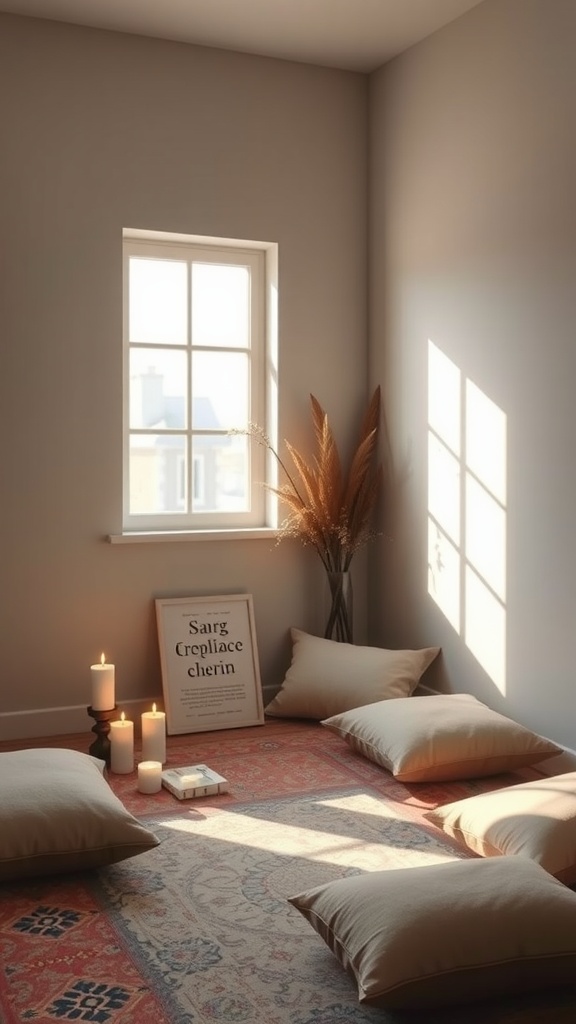 A cozy mindfulness space with pillows, candles, and natural decor.