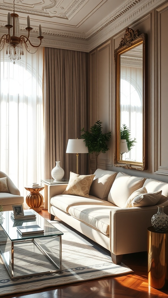 A cozy living room with a large mirror reflecting natural light.