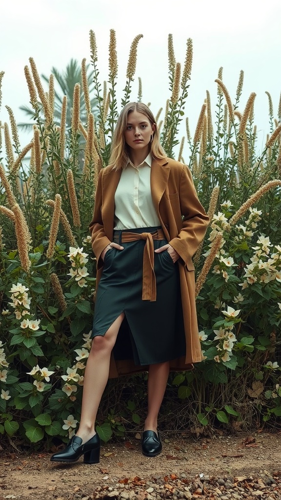 A model in a stylish outfit stands amidst tall plants and flowers.