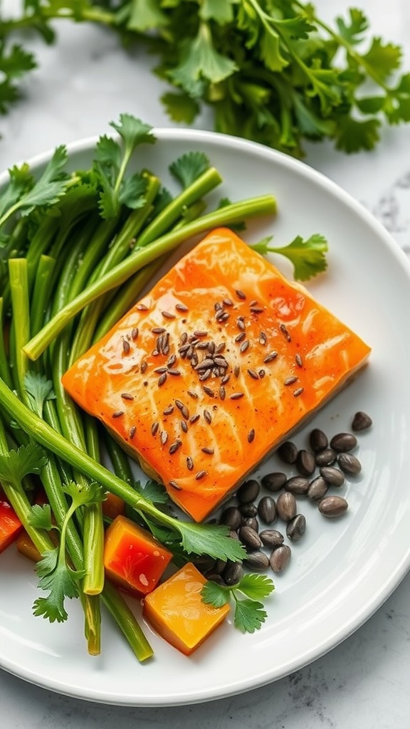 A plate with salmon, green vegetables, and seeds.