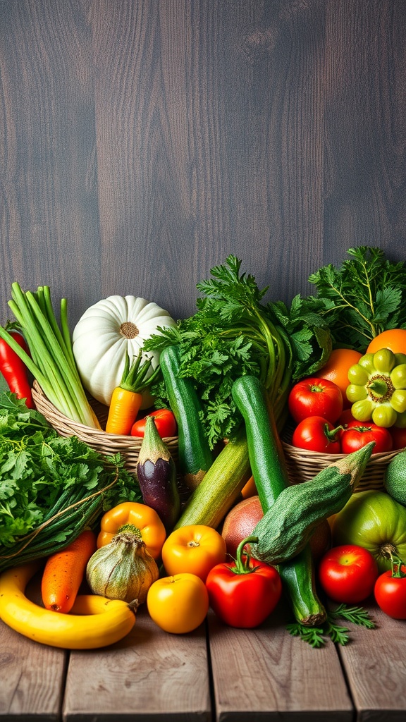 A vibrant assortment of fresh vegetables and herbs arranged on a wooden surface.