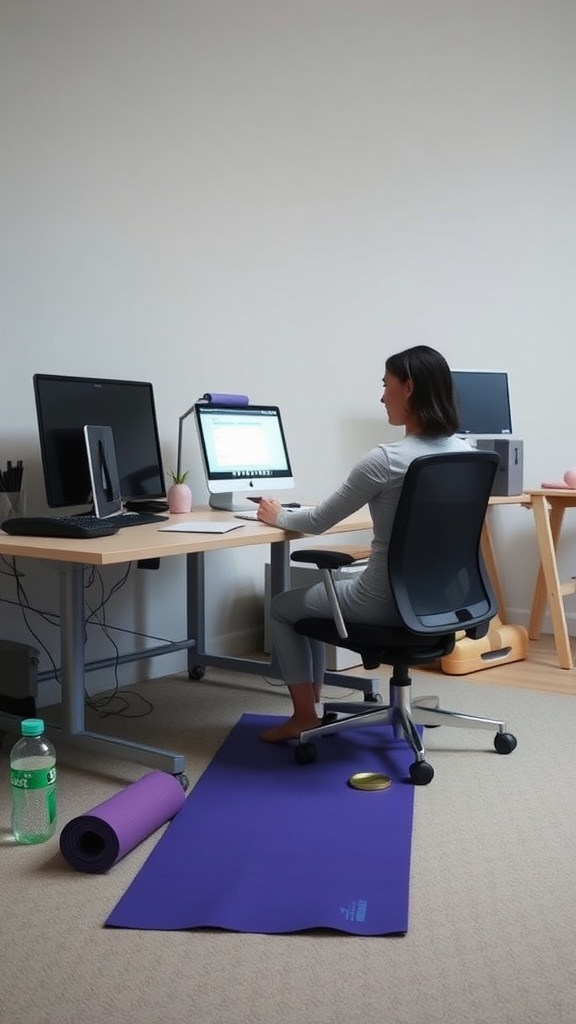 A person sitting at a desk with a computer, ready to take a short exercise break on a yoga mat.