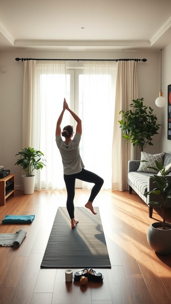 A person practicing yoga on a mat in a cozy living room, surrounded by plants and sunlight.