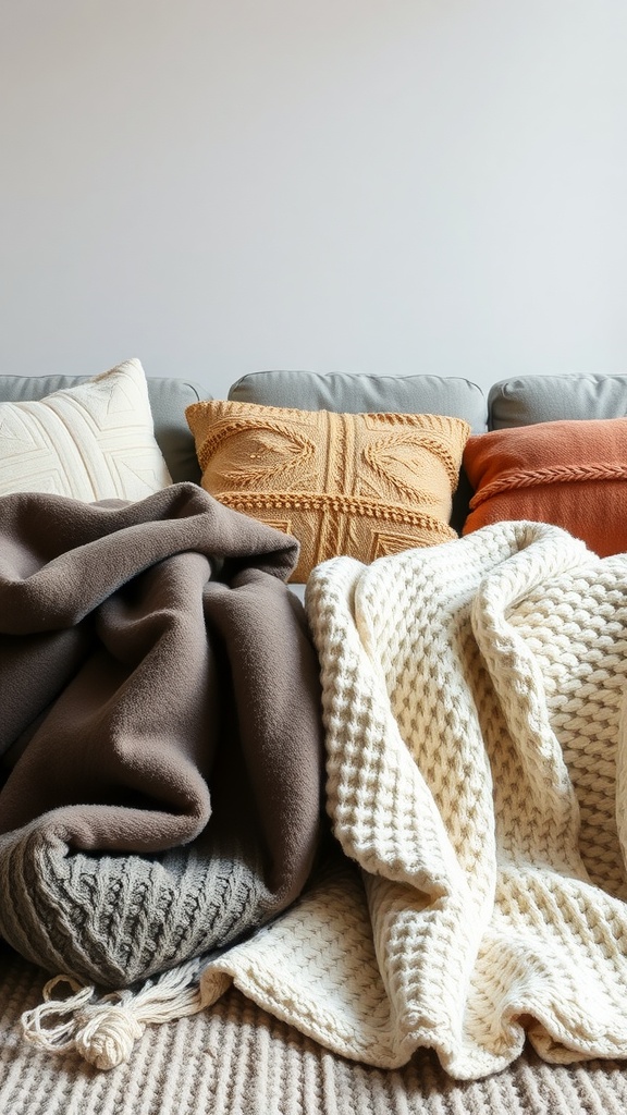 A cozy assortment of blankets and pillows in warm tones on a couch.