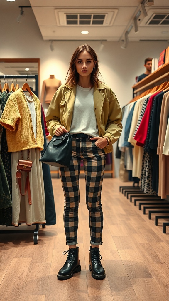 A woman in a store wearing a stylish outfit with a yellow jacket and plaid pants.