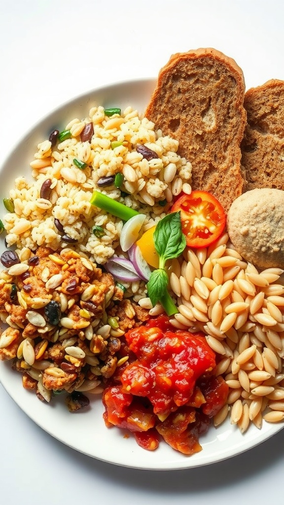 A plate featuring a variety of whole grains, vegetables, and sauces.
