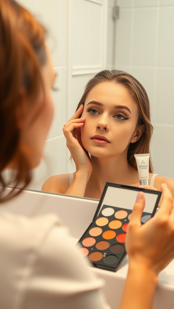 A woman applying eye makeup in front of a mirror, showcasing a palette with various eyeshadow colors.