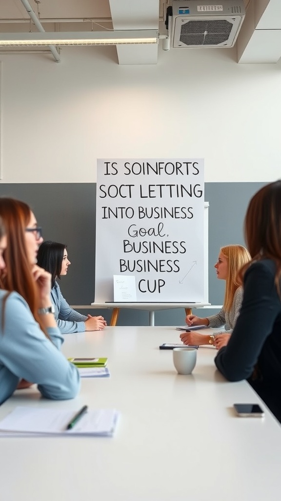 A meeting with a group of professionals discussing business goals, with a poster that reads 'Is Soinforts Soc letting into business goal, business cup?'