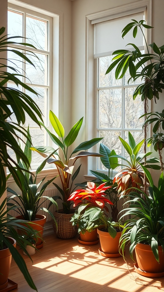 A sunny corner filled with various indoor plants near large windows.