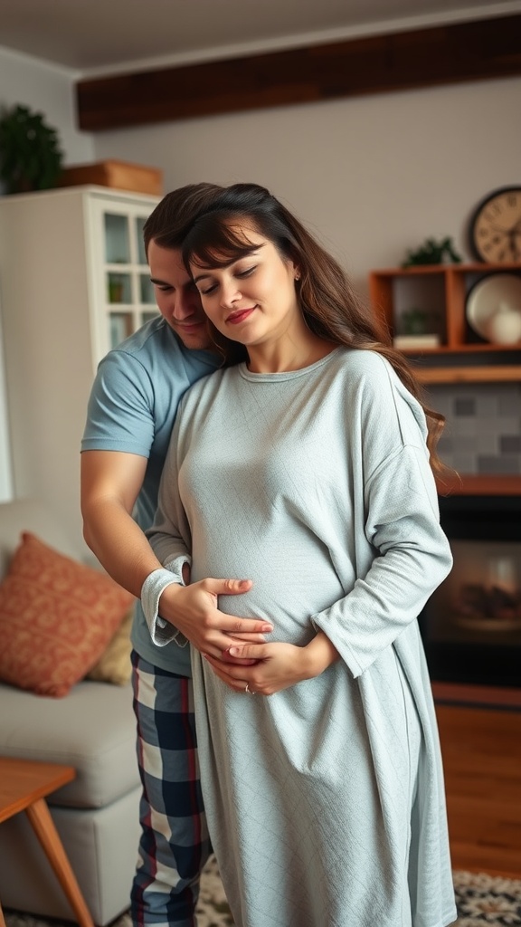 A couple sharing a tender moment during a home maternity shoot, showcasing their love and excitement.