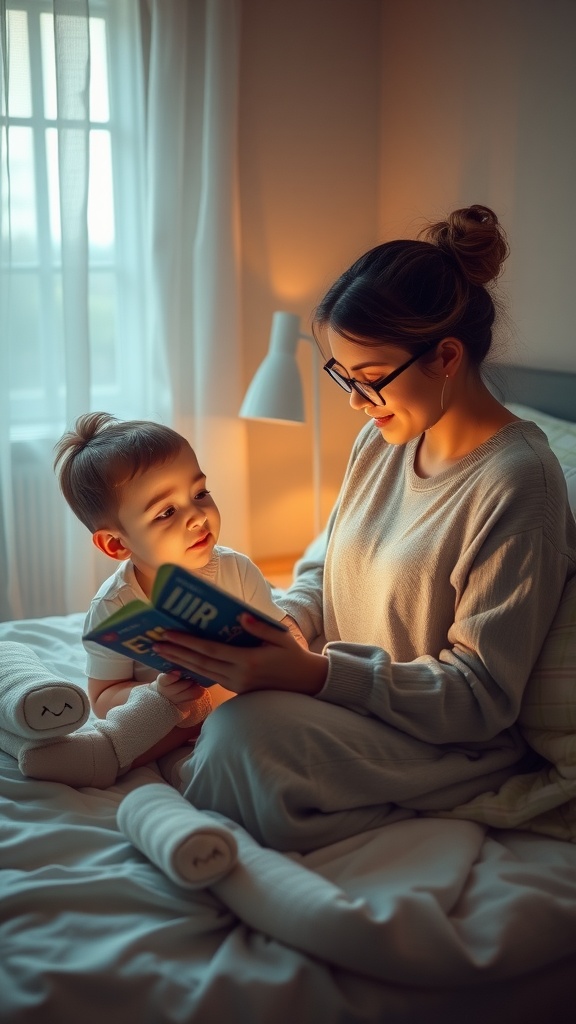 A mother reading a book to her child on a cozy bed.