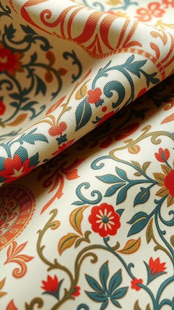 Close-up of vintage fabric with intricate floral patterns in vibrant colors.
