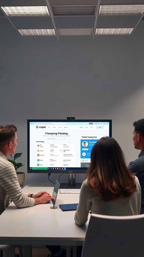 A group of three individuals discussing investments in a modern office setting.