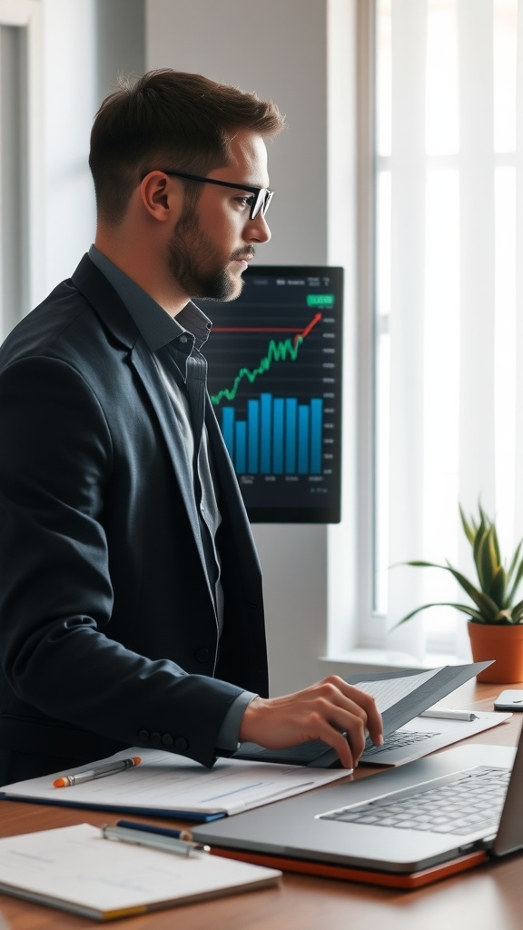 A professional man analyzing financial data with a computer and charts in the background.