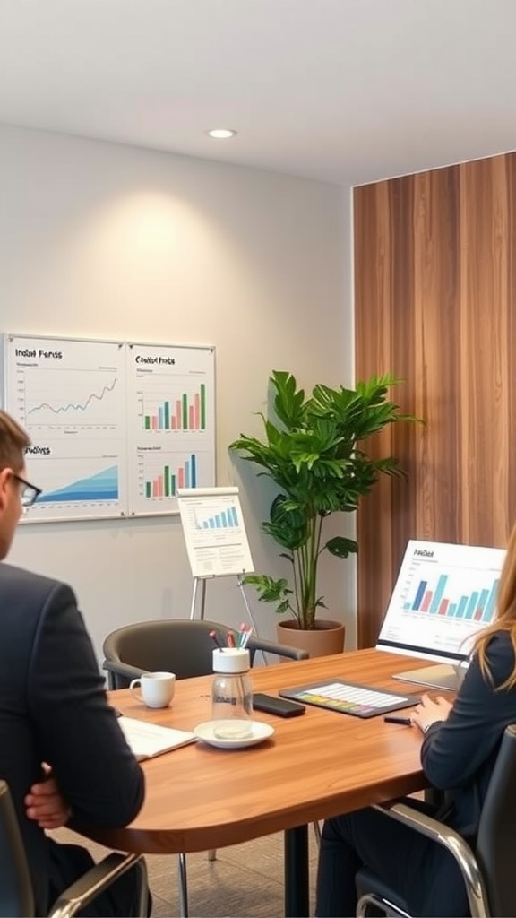 A meeting room with charts and graphs related to index funds, where two individuals are discussing investment strategies.
